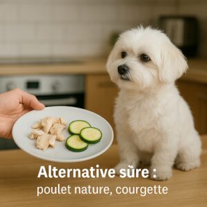 Chien blanc en cuisine face à une assiette de poulet cuit nature et rondelles de courgette, texte Alternative sûre