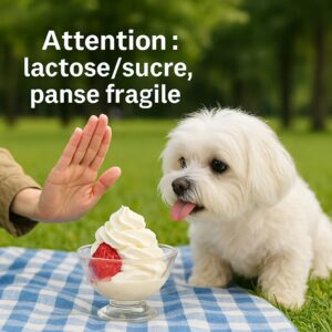 Bichon maltais sur nappe au parc face à une coupe de chantilly fraise, main en signe d’arrêt, avertissement lactose/sucre