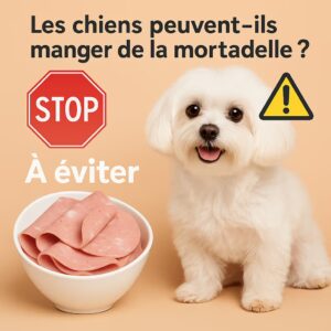 Chien bichon maltais en studio à côté d’un bol de mortadelle avec pictogrammes STOP et attention