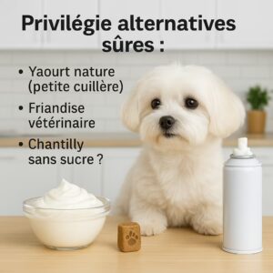 Bichon maltais sur plan de travail avec bol de yaourt nature, friandise vétérinaire et bombe de chantilly hors de portée