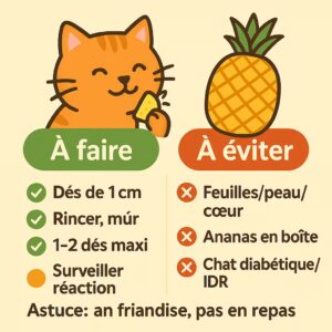 Infographie 1080×1080 : chat orange et ananas — “Oui, mais en très petite quantité”. Conseils : frais sans peau ni cœur, jamais en boîte, possible diarrhée, occasionnel. »