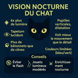 Infographie : vision nocturne du chat (tapetum, pupilles verticales, plus de bâtonnets, couleurs limitées) + conseils.
