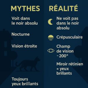 Infographie : mythes vs réalité sur la vision nocturne du chat (pas de noir absolu, crépusculaire, ~200° de champ)