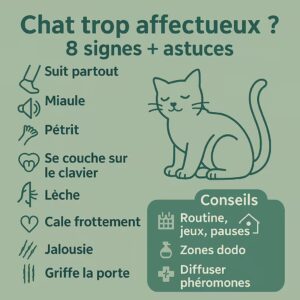 « Infographie : 8 signes d’un chat trop affectueux et conseils (routine, jeux, zones dodo, phéromones). »