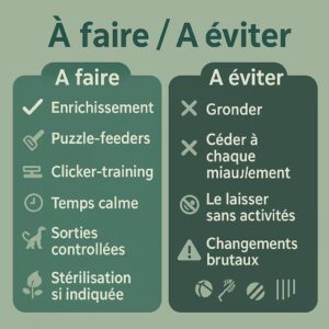 Infographie : à faire/à éviter pour gérer un chat trop câlin (enrichissement, puzzle-feeders, éviter gronder).