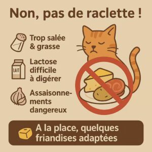 Infographie 1080×1080 : chat orange avec panneau d’interdiction sur une assiette de raclette. Risques : trop salé et gras, lactose difficile, assaisonnements (ail/oignon) dangereux