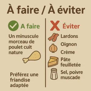Infographie 1080×1080 “À faire/À éviter” : alternative sûre = minuscule morceau de poulet cuit nature ; à éviter : lardons, oignon, crème, pâte feuilletée, sel/poivre/muscade.
