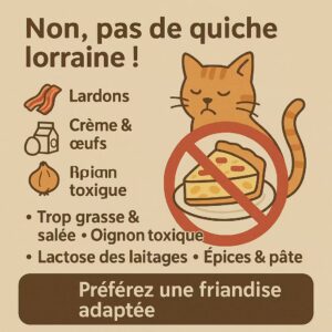 Infographie 1080×1080 : chat orange avec symbole d’interdiction sur une part de quiche lorraine. Risques : trop gras/salé, lactose, oignon/ail toxiques, épices et pâte